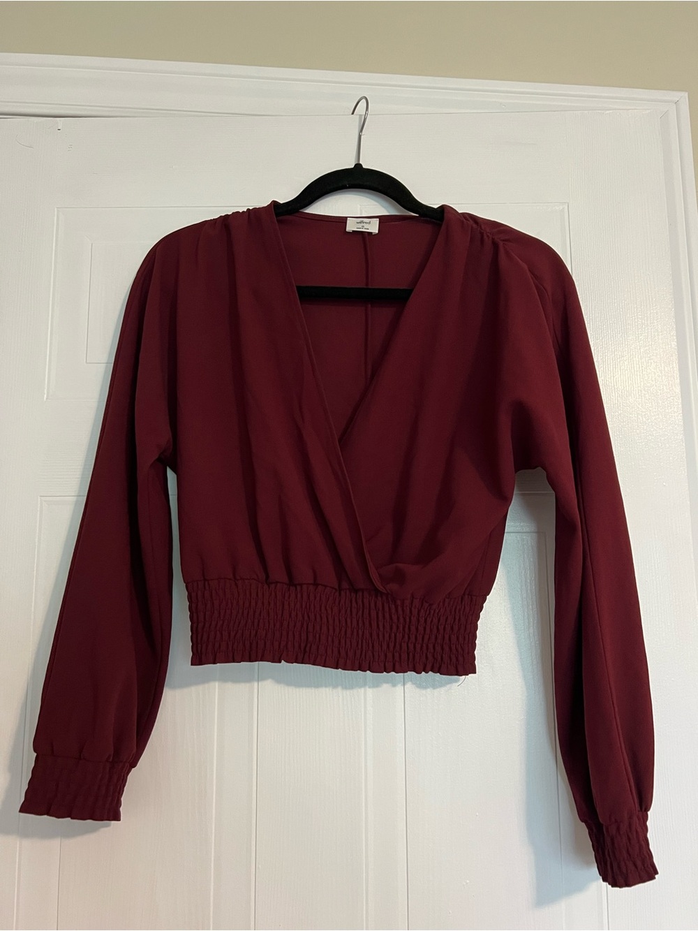 Wilfred Burgundy Wrap-Front Smocked-Waist Blouse